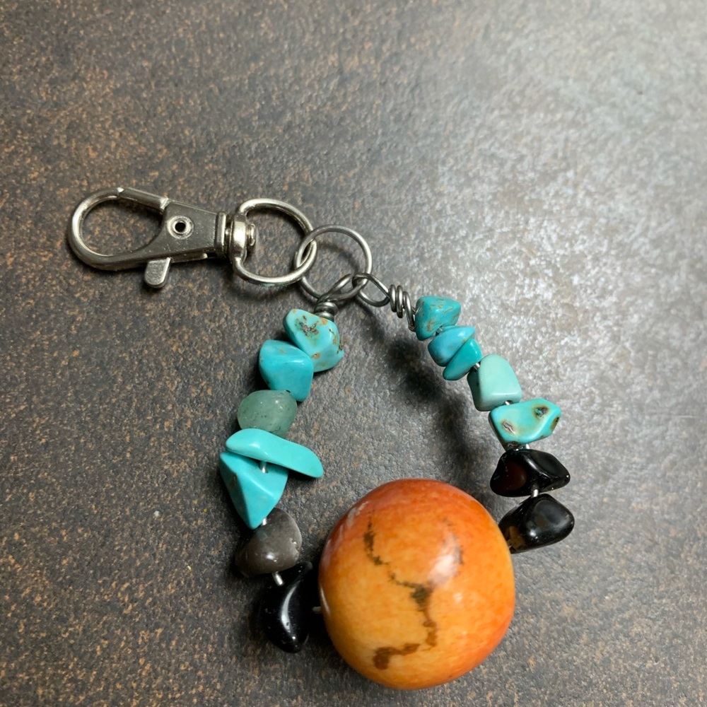 Turquoise and Orange Stone Keychain